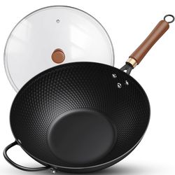Nonstick Wok, 13-Inch Carbon Steel Wok Pan with Glass Cover