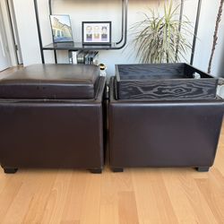 Ethan Allen Leather Storage Ottomans (Set of 2) – With Wood Trays – $120 OBO