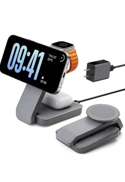 3 in 1 Foldable Wireless Charging Station for MagSafe, Nightstand Magnetic Charger Stand for iPhone 17 16 15 14 Pro Max, Travel Charging Dock with Nig