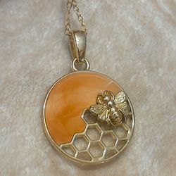 Gold Necklace with Bee and Honeycomb Pendant
