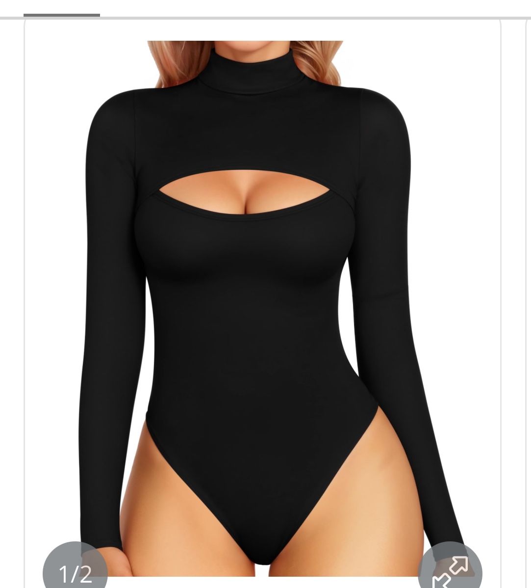  MANGOPOP Black Bodysuit Mock Neck Cutout Front Long Sleeve 