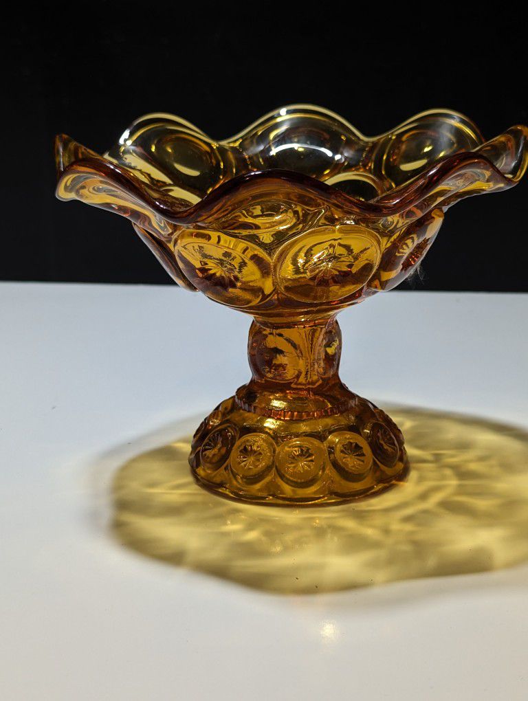 Vintage LE Smith Amber Moon and Stars Glass Pedestal Compote Candy Dish