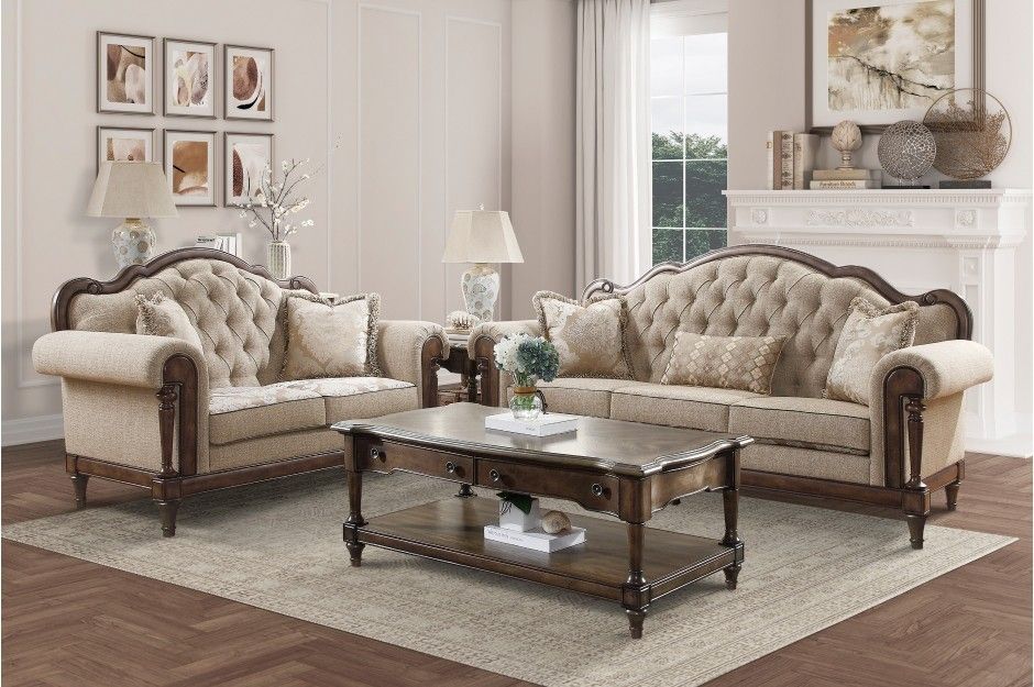 Brand New Biege Linen Traditional Sofa + Loveseat 2PCs Set