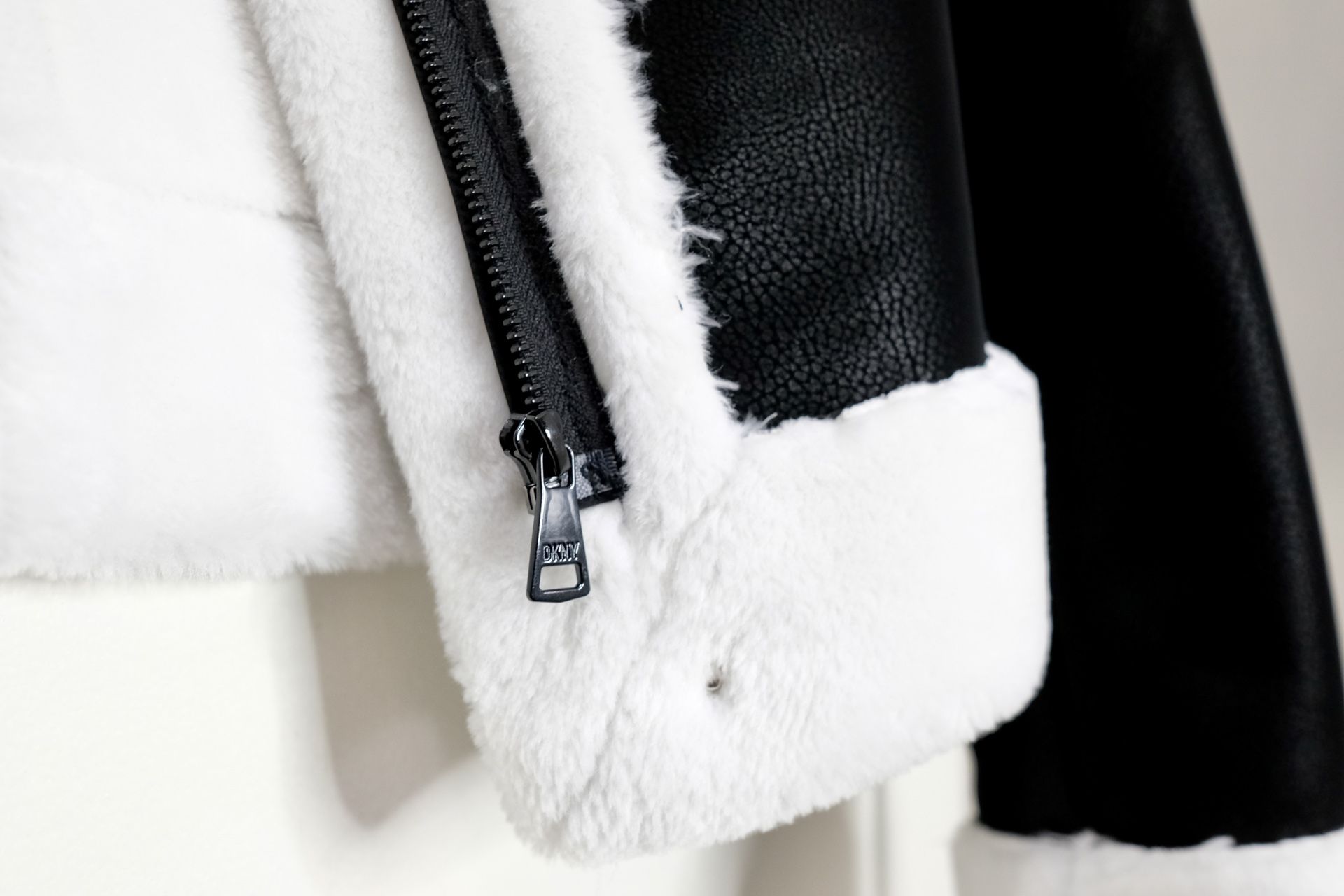 DKNY Modern Fur Trim Black & White Fur Leather Jacket