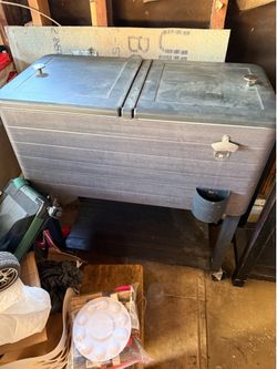 80qt Steel Rolling Cooler Cart w/ Bottle Opener Catch Tray Drain Plug Locking Wheels