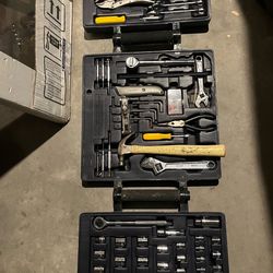 Comprehensive mechanical tool set contained in a tri-fold black plastic carrying case, AllTrade