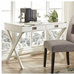 ☀️ #3497 Weston Home Wood X-Base Campaign Writing Desk with Drawers, White