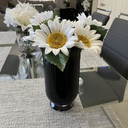 Black Glass Vase With Fake Sun Flowers / Home Decor