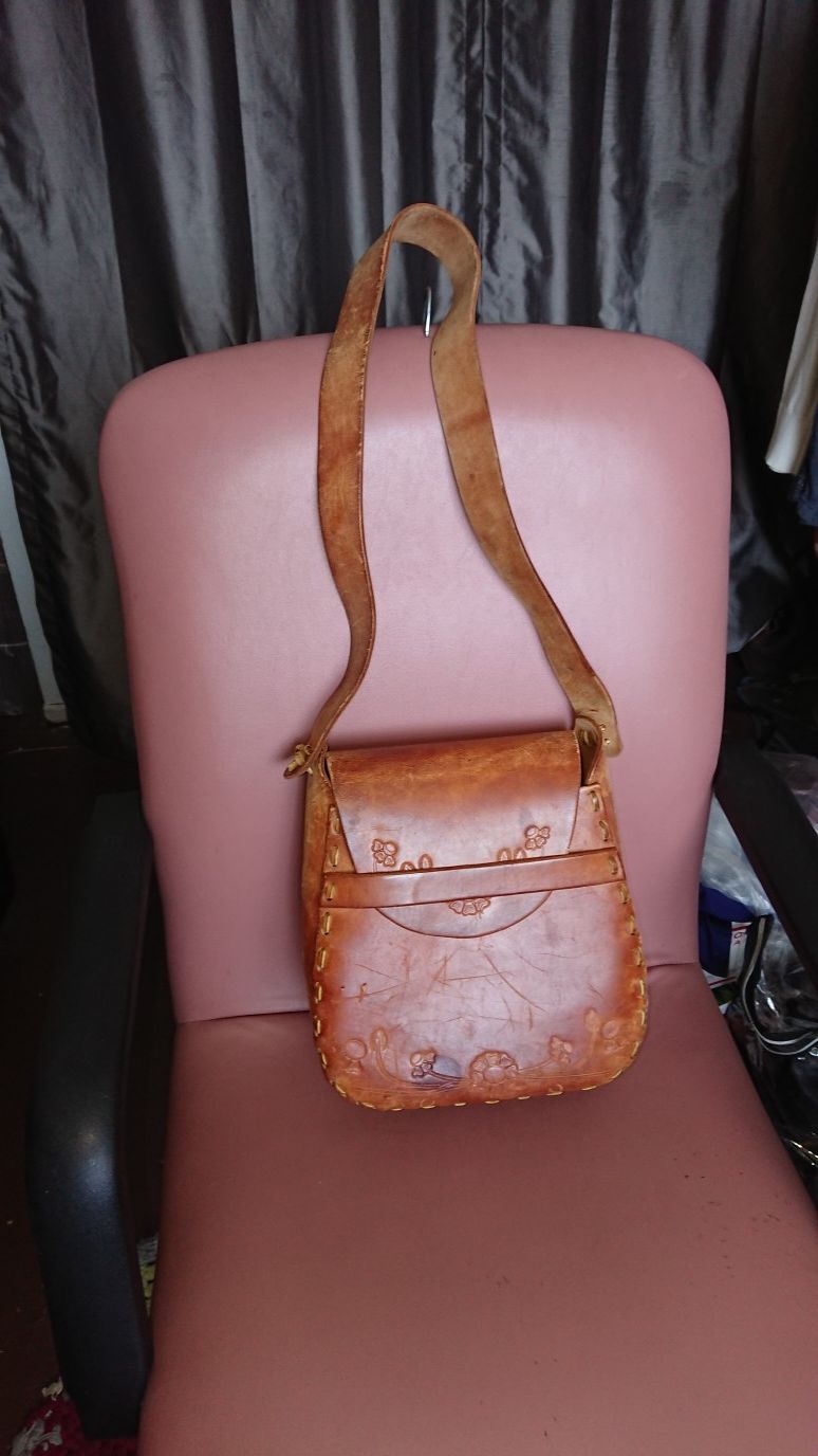 Large bag handtooled leather brown hobo