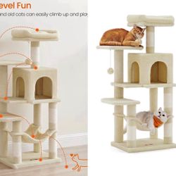   Cat Tree, 44.1-Inch Cat Tower for Indoor Cats, Multi-Level Cat Condo with 4 Scratching Posts, 2 Perches, Hammock, Cave, Beige UPCT261M01
