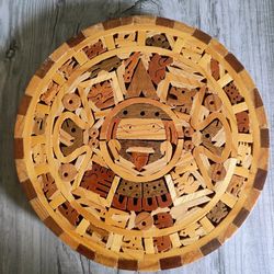 Aztec Mayan Calendar Mexico Hand Carved Inlay Wood Art