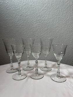 Vintage American Crystal Wine Glasses Set of 6 Etched Floral Design