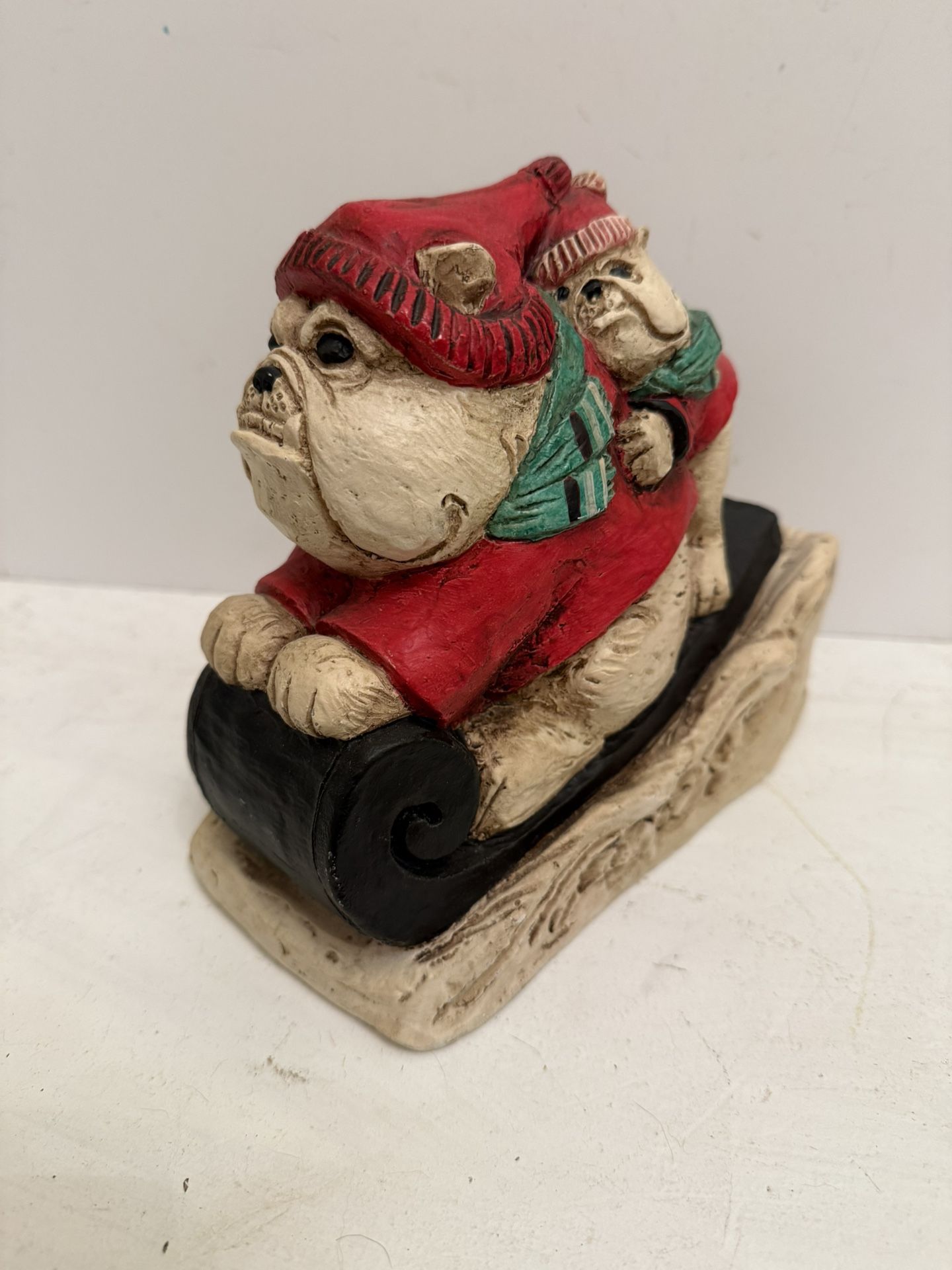 Vintage Bulldog And Puppy On A Sled Statue
