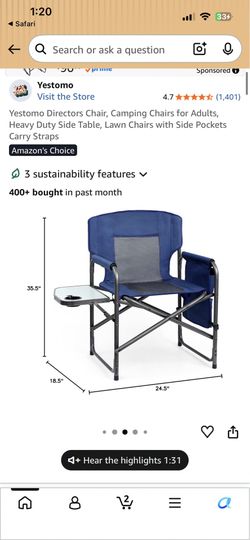 Yestomo Directors Chair, Camping Chairs for Adults, Heavy Duty Side Table, Lawn Chairs with Side Pockets Carry Straps