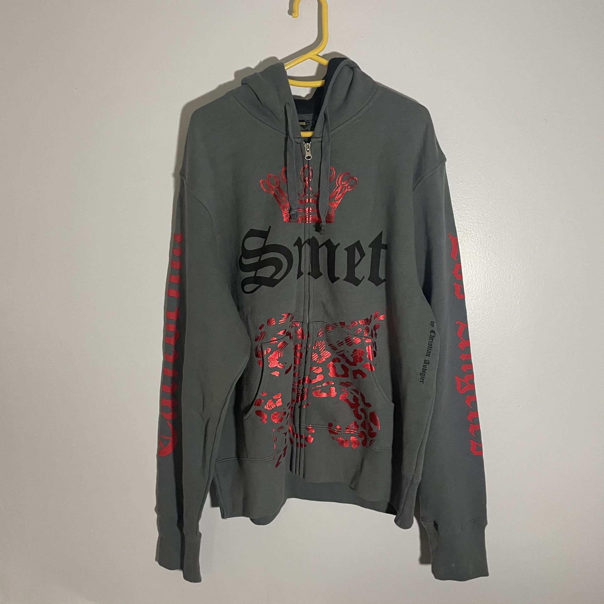Vintage Y2K Smet By Christian Audigier Zip Up Hoodie Mens L Grey