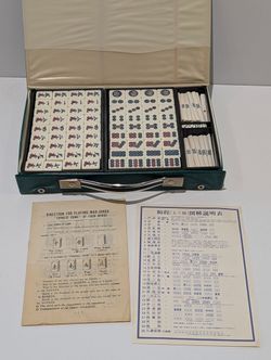 Vintage Mahjong Tile Game Set In Carry Case With Racks Dice Instruction Sheets