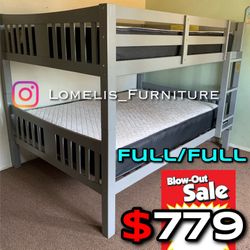 Full/Full Gray Wooden Bunk bed w. Ortho Mattresses Included 