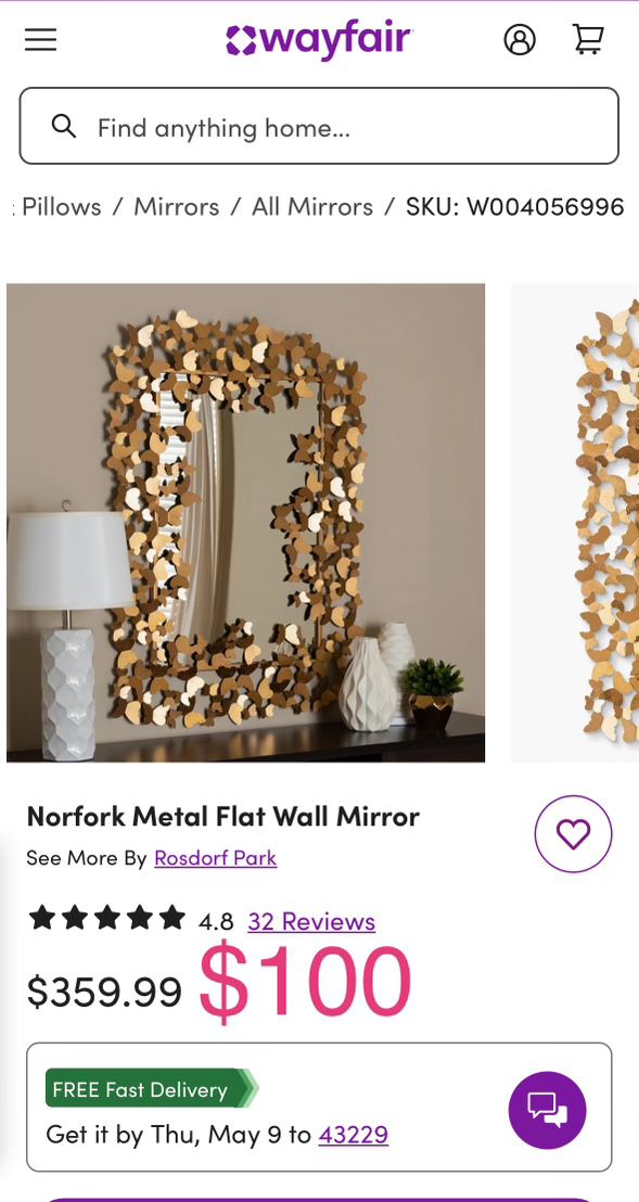 Norfolk Metal Flat Wall Mirror 