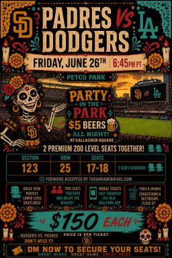 🔥 Padres vs Dodgers Tickets – Section 123 Row 25 | $130 Each | Party in the Park 🍻