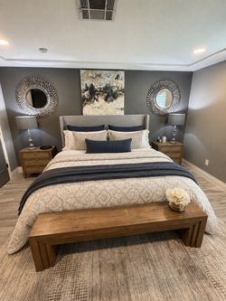 King Gray Linen bed frame and 2 nightstands