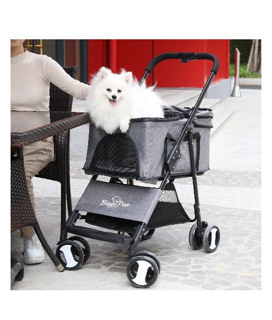 Bingopaw Foldable Pet Stroller 4 Wheel for Puppy and Cats, Gray, with Rain Cover