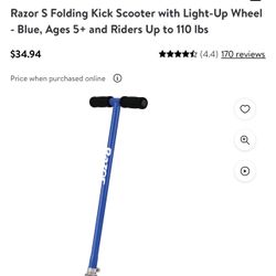 Razor S Folding Kick Scooter with Light-Up Wheel - Blue, Ages 5+ and Riders Up to 110 lbs