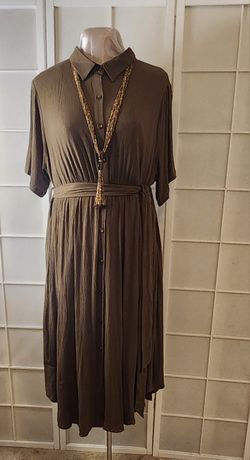 Plus Sz Women's Casual Olive Green Semi-Flare Boho Lightweight Dress w Belt