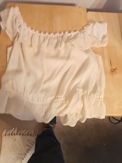 Vintage "Express" off the shoulder ruffled crop top with ruffles at the bottom.