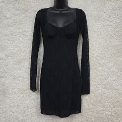 Skims Dress Womens Large Black Stretch Lace Underwire Long Sleeve Bodycon Sheer 