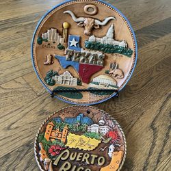 2 Souvenir Plates Puerto Rico & Texas Ceramic Travel Vtg