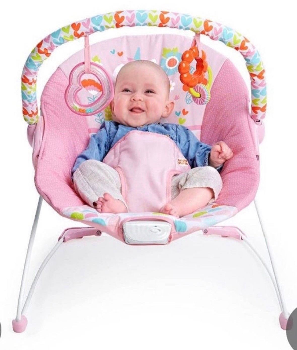 Bright Starts Fanciful Fantasy Unicorn 3-Point Harness Vibrating Baby Bouncer With -Toy Bar  Box is damaged