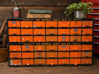 vintage Imperial Brass Mfg. Co. steel parts cabinet, made in Chicago, Illin