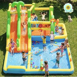 New-FBSPORT Inflatable Bounce House Double Water Slide, Water Bounce House for Big Kids with Splash Pool, Jumping, Climbing Wall, Bouncy Castle with 7