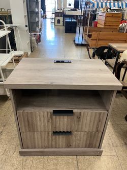 VASAGLE Mid Century Nightstand w/ Charging Station w/ 2 Drawers & Open Shelf - Washed Gray