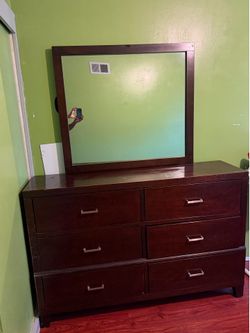 Dark Wood 6-Drawer Dresser with Mirror