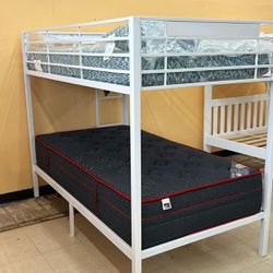 Twin Over Twin Metal Bunk Bed W/ 2 Mattress 