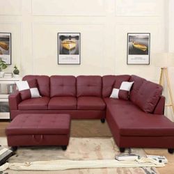 Burgundy red Leather Sectional Couch And Ottoman