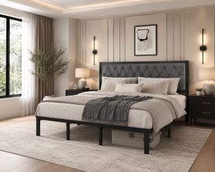 King Bed Frame with Upholstered Button Tufted Headboard, Bed Frame Platform Metal Slats Support, Under Bed Storage, No Box Spring Needed, Noise-Free, 