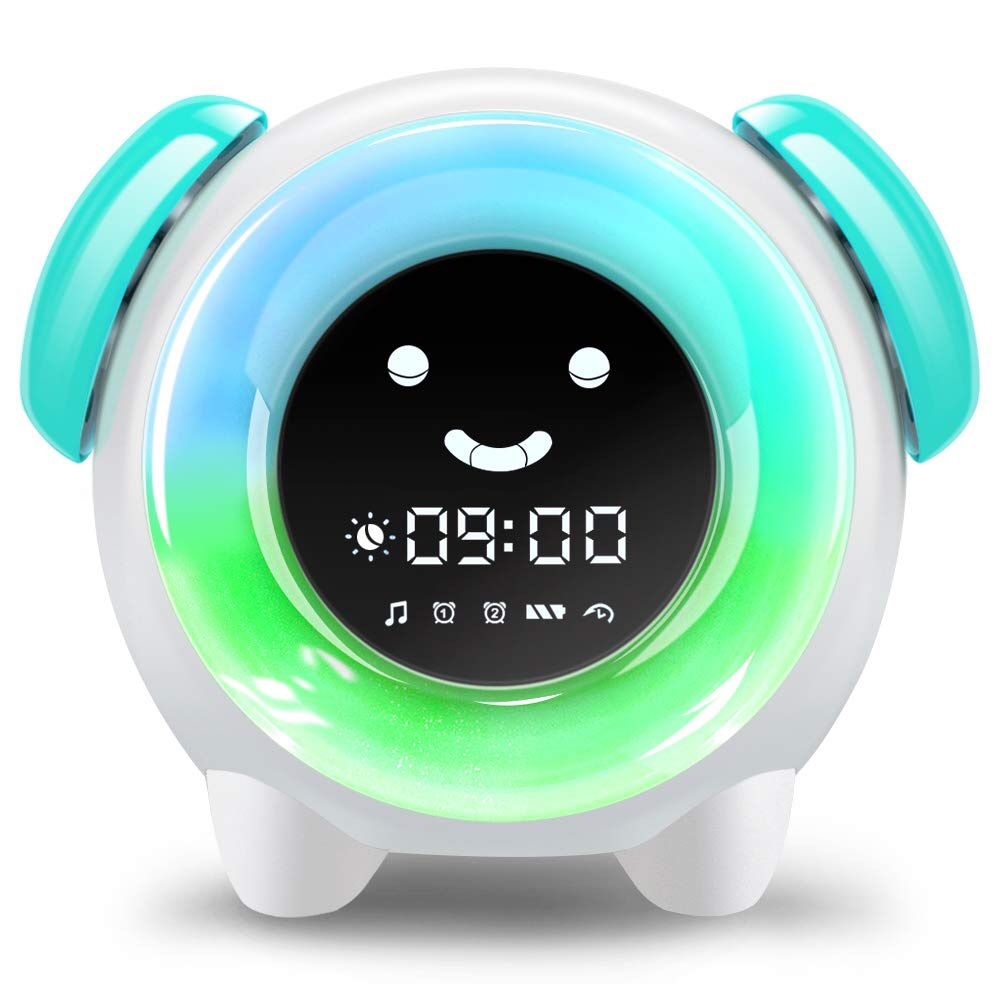 「Alarm Clock for Kids, Sleep Training Clock with 7 Colors Night Light, 6 Alarm Rings, NAP Timer, Teach Children Time to Wake up, Rechargeable Battery