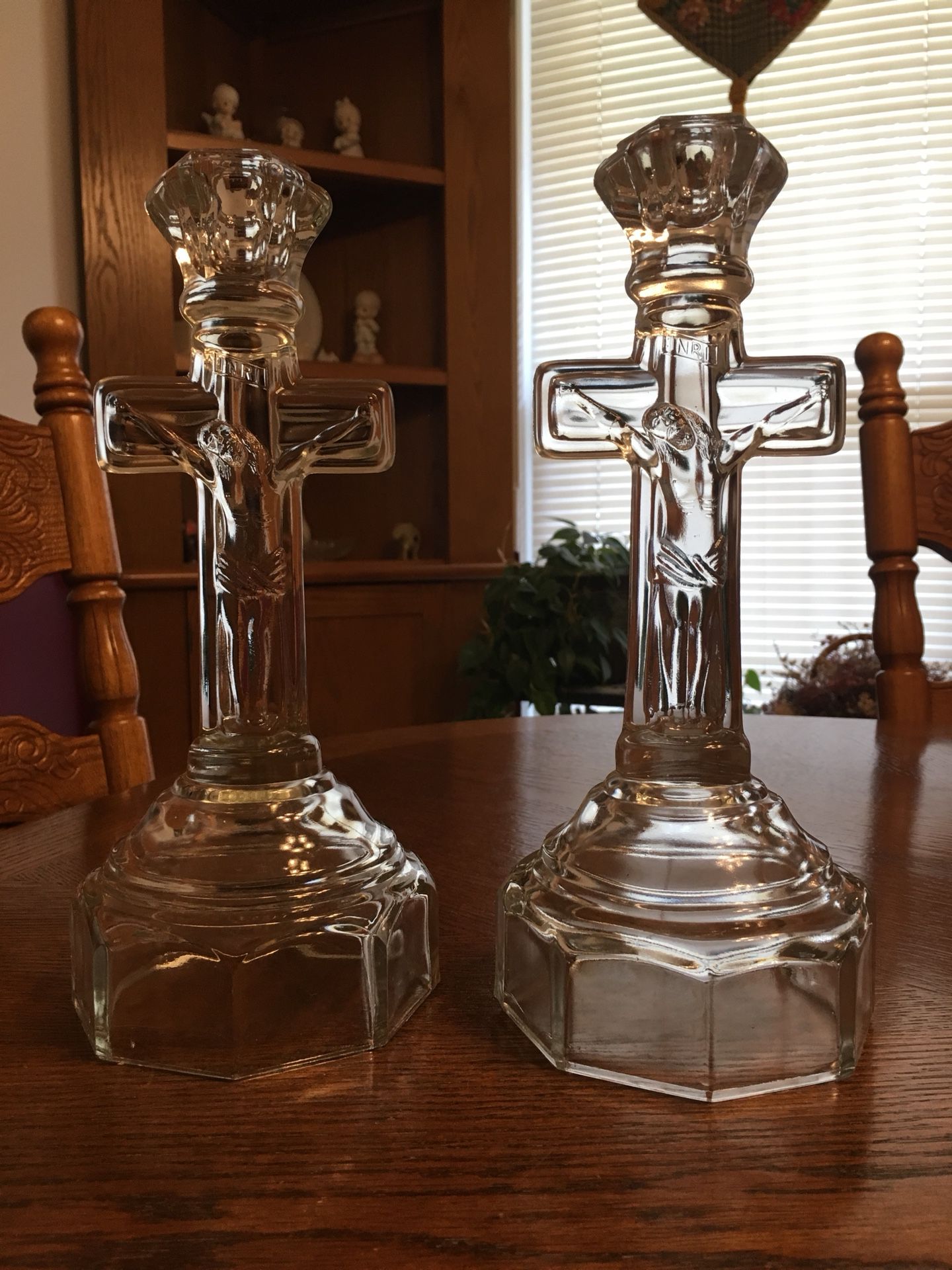 Antique Glass Crucifix Candle Holder Set