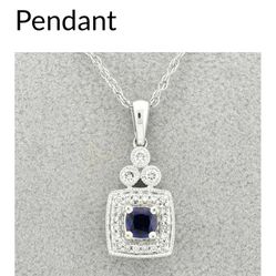 Cushion Cut Sapphire andCtw Round Cut Diamond Pendant in 14K White Gold with Chainh