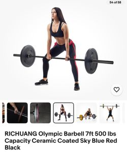 RICHUANG Olympic Barbell 7ft 500 lbs Capacity Ceramic Coated Sky Blue Red Black