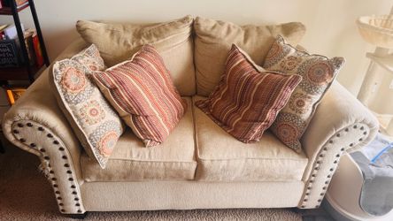 Cream Upholstered Sofa Set — 76” & 56” Matching Pair with Nailhead Trim