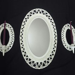 70s Burwood Faux Ratan Wall Mirror(30"x19") & 2 Sconces(15"x8.5"x5)White Plastic