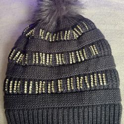 Gray Beanie with Faux Fur Pom  Sequins