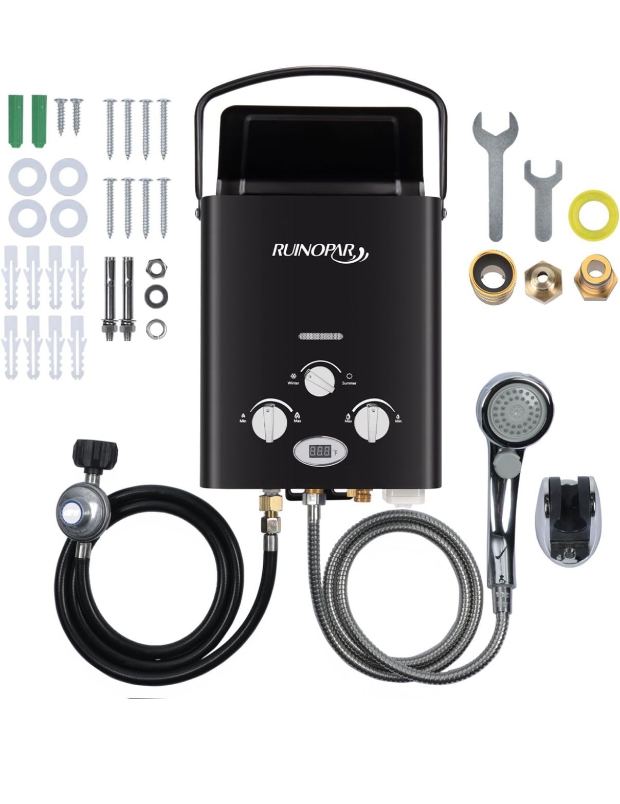 Portable Water Heater Propane Tankless - 6L 1.58GPM RV on demand Hot Gas Outdoor Digital Display Water Heater for Camping,Boat,Cabins(black)