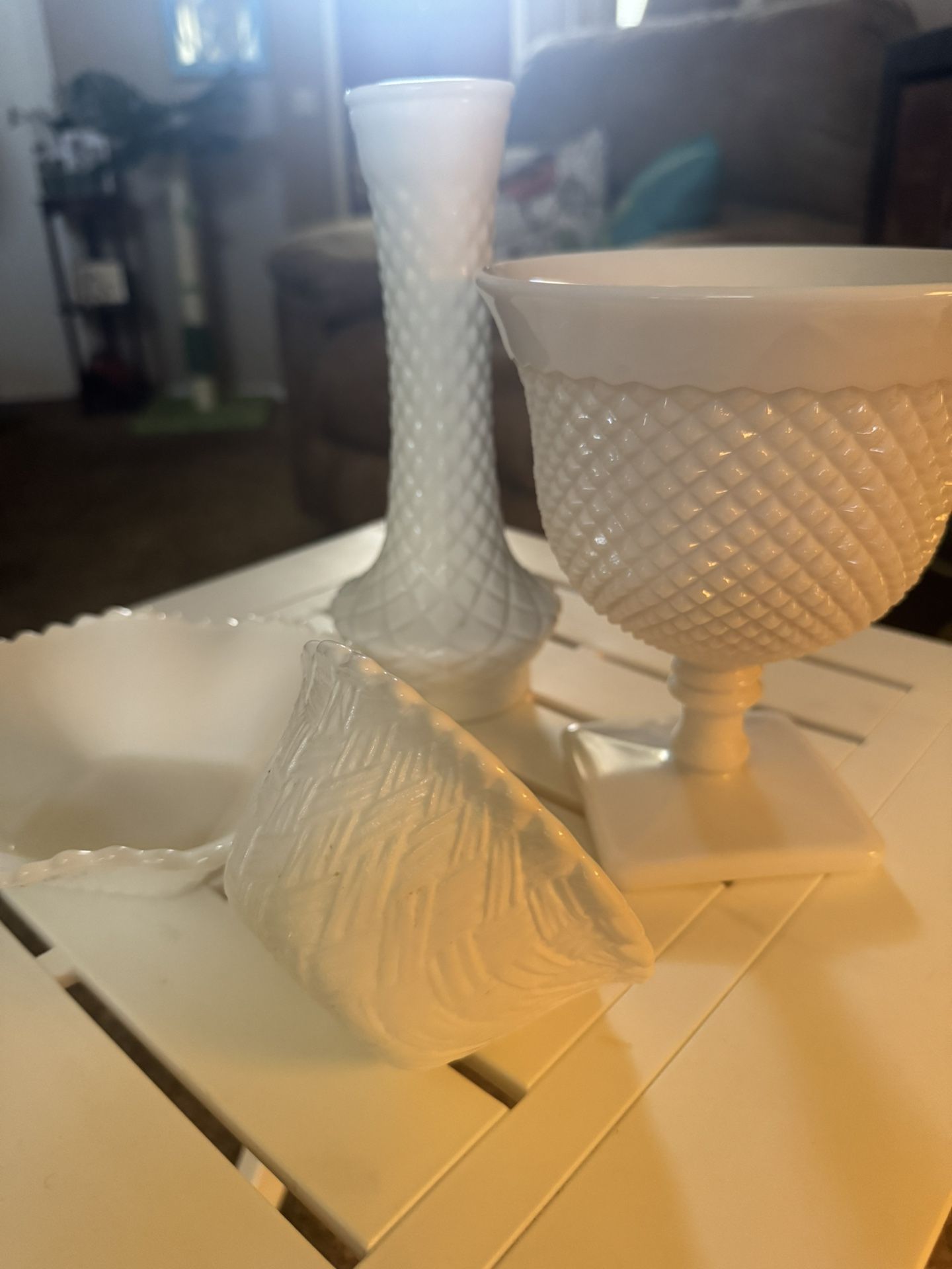 Milk Glass Snack Plate Cups, And Other Assorted Milk Glass Pieces