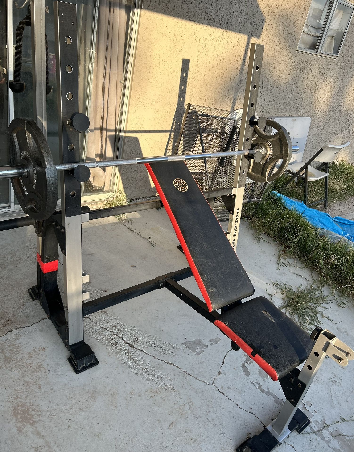 Golds Gym Bench Press + Squat Rack + Xtra Bench Press & Many Weights and Equipment