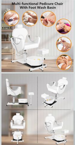 Pedicure Chair No Plumbing, Reclining Pedicure Station Upgraded 360 Swivel Hydraulic Lift with Footrest & Massage Bowl, Hydraulic Pedicure Unit for Fo