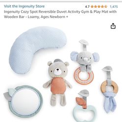 Ingenuity Cozy Spot Reversible Duvet Activity Gym & Play Mat with Wooden Bar - Loamy, Ages Newborn +